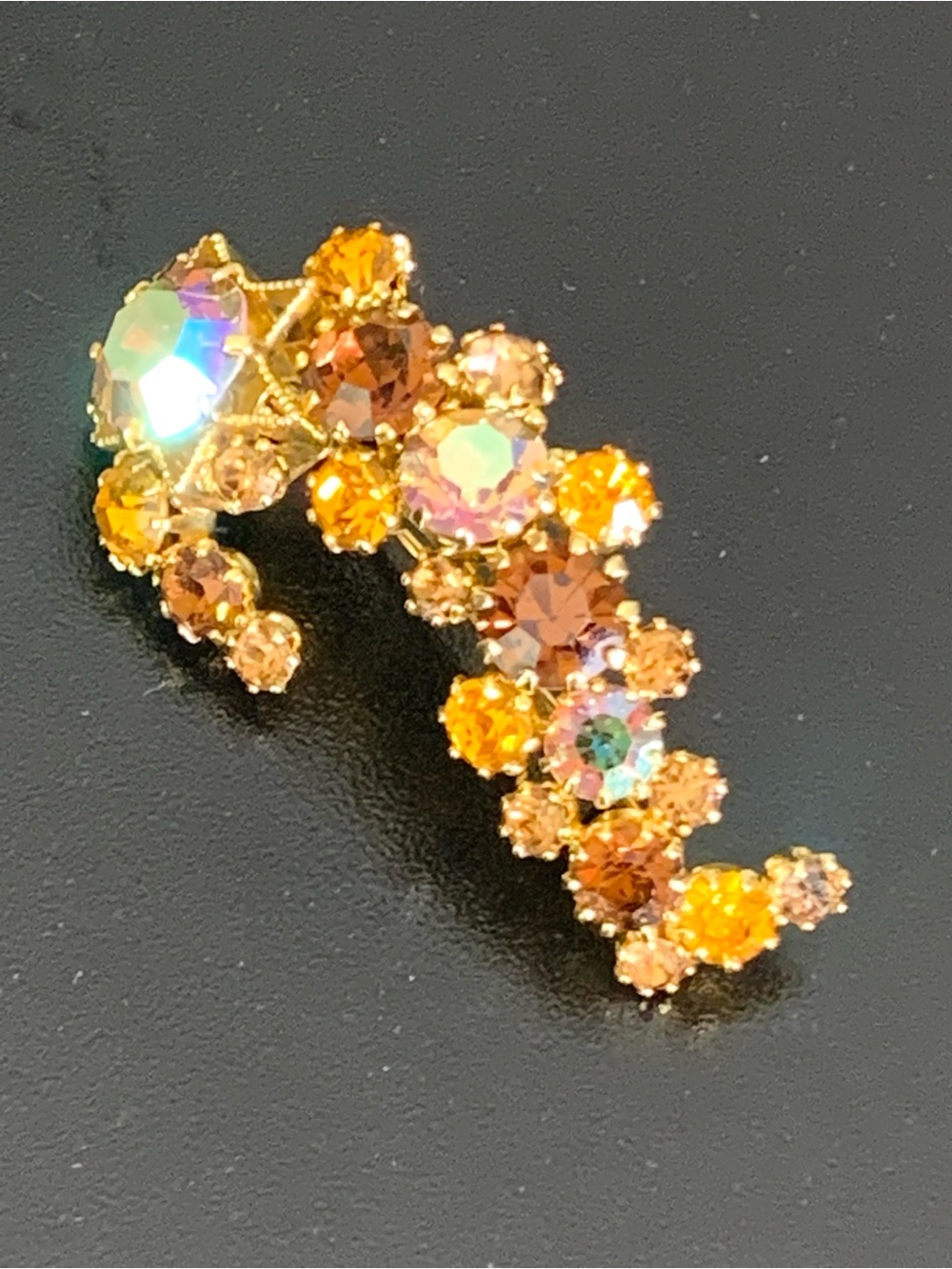 Vintage Austria Signed Rhinestone Brooch – Amber, Topaz & AB Crystal Swirl Pin